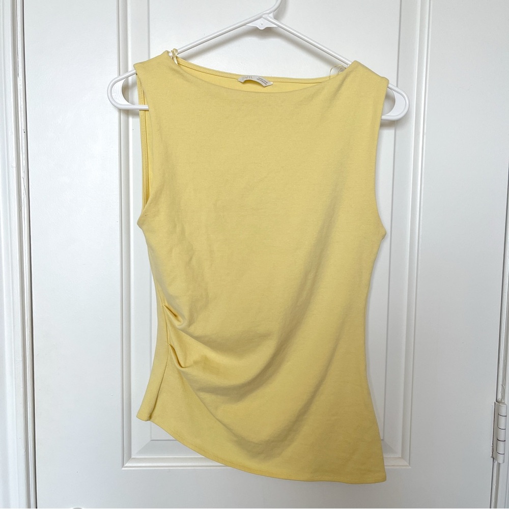 Zara Asymmetrical Ruched Light Yellow Tank Top (size L)